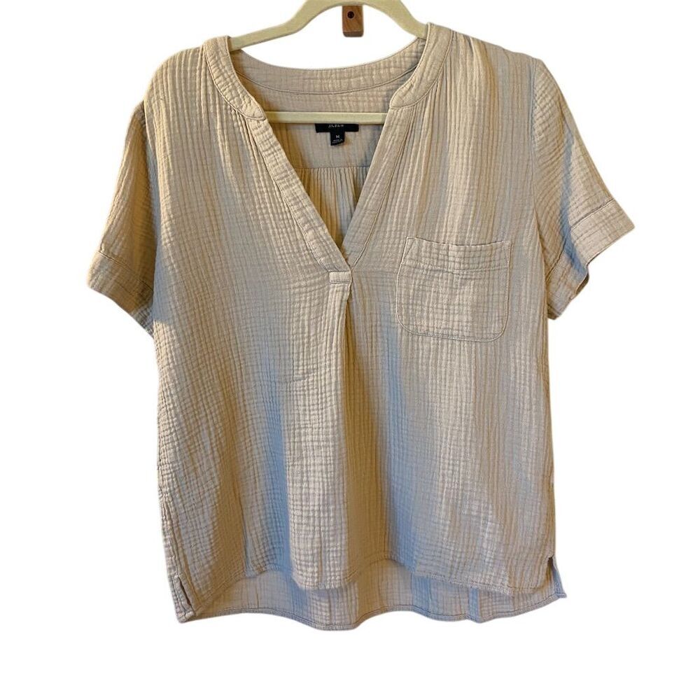 J.Crew Women's Beige V-Neck Gauze Blouse M Short Sleeve Casual Top